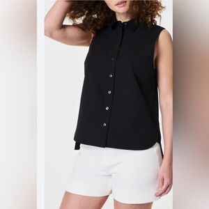 SPANX BLACK Sleeveless Stretch Cotton Poplin Button-Up Shirt SMALL